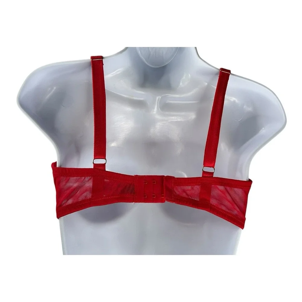 Frederick's Of Hollywood Women's 34DD Red Rozlyn Mesh and Stud Red Black Set Bra